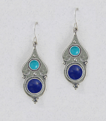 Sterling Silver Gothic Look With Lapis Lazuli And Turquoise Gemstone Drop Dangle Earrings